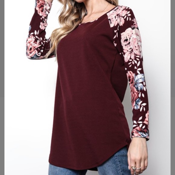 Burgundy Floral-Sleeve Crewneck - Picture 2 of 5